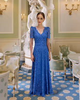 Beautiful Blue A-Line Mother of Bride V-Neck Short Sleeves Long Lace Bridesmaid Dress
